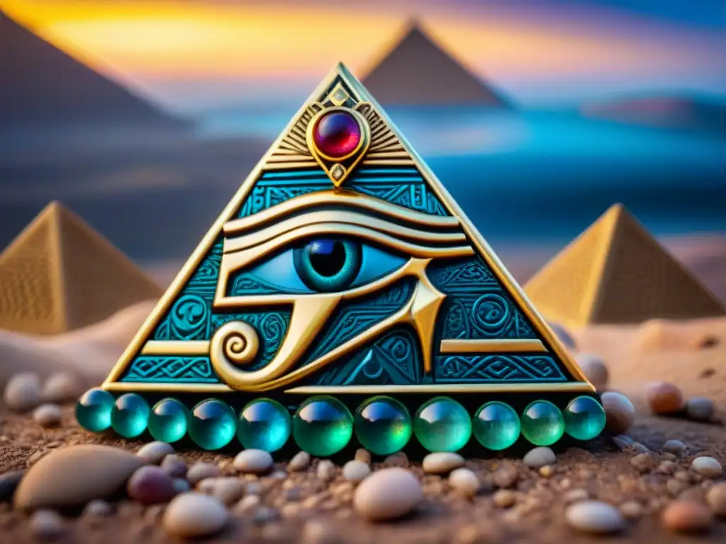 Amuleto dorado del Ojo de Horus: magia egipcia Amuleto dorado del Ojo de Horus con gemas preciosas y jeroglíficos, rodeado de un resplandor místico en paisaje egipcio