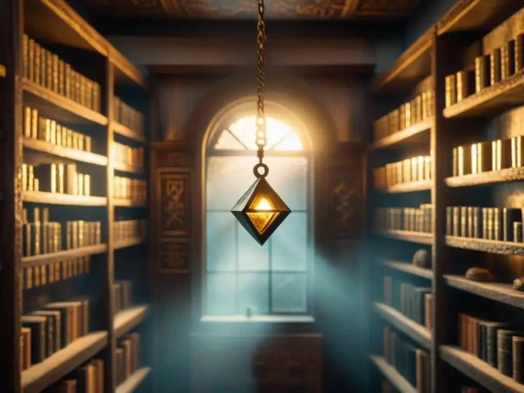 Un amuleto dorado con runas antiguas, suspendido en el aire en una cámara misteriosa llena de artefactos legendarios en era digital