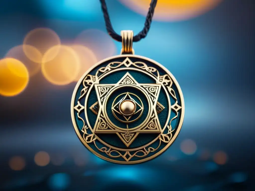 Amuleto dorado con símbolos antiguos, brilla con luz mística en red digital futurista