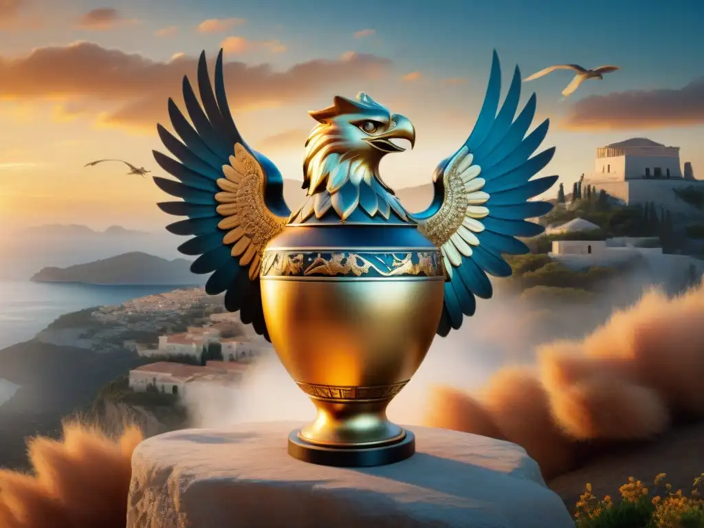 Ánfora griega antigua con grifos majestuosos en vuelo al atardecer dorado Un ánfora griega antigua detallada y majestuosa con grifos en vuelo, destacando en un atardecer dorado