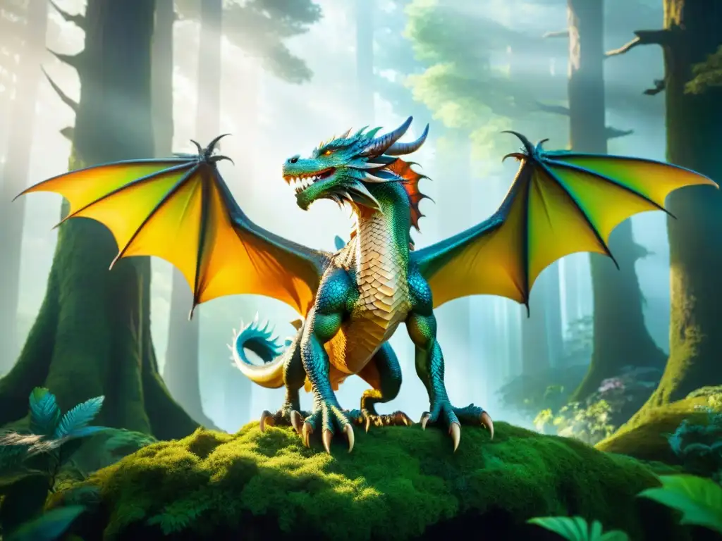 Anhelo humano aventura seres fantásticos: Majestuoso dragón surca bosque místico, escamas iridiscentes bajo luz filtrada entre árboles antiguos