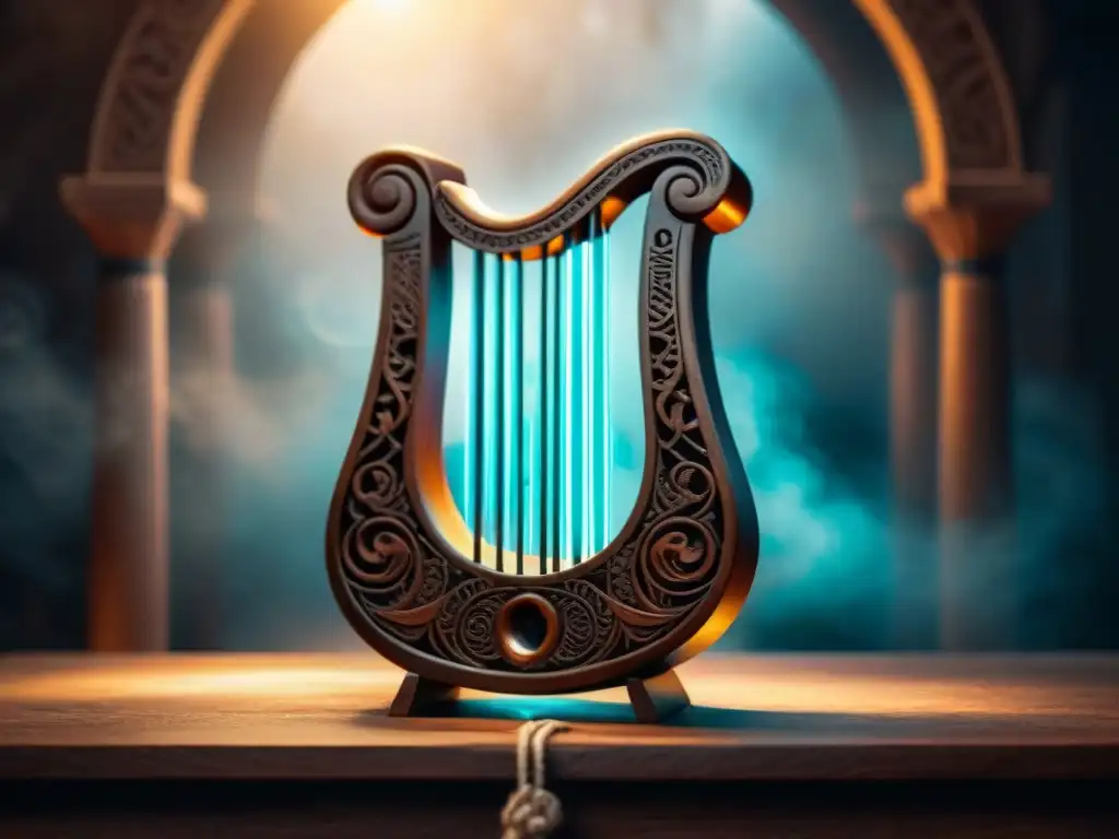Un antiguo arpa mística esculpida con símbolos, iluminada en un templo oscuro con runas flotantes
