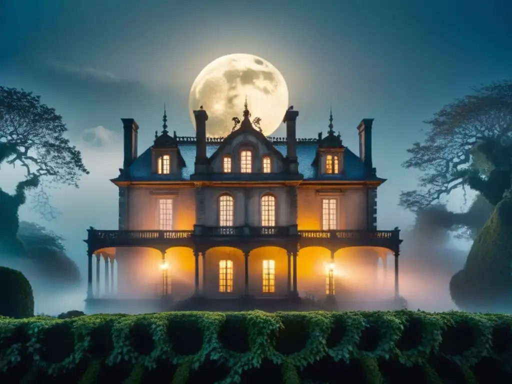 Mansión ancestral envuelta en misterio y sombras Un antiguo caserón envuelto en niebla, con sombras tenebrosas y un aura sobrenatural, evocando fenómenos paranormales en casas embrujadas