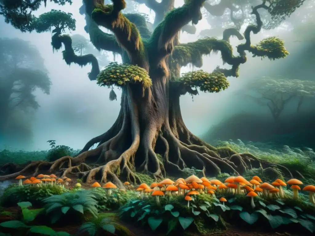 Árbol ancestral con raíces místicas en bosque encantado Un árbol ancestral y místico, rodeado de hongos luminosos y niebla etérea en un bosque encantado
