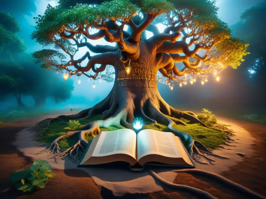 Árbol ancestral: raíces, cristales y magia Árbol antiguo con raíces cristalinas y libro de runas iluminado por luna