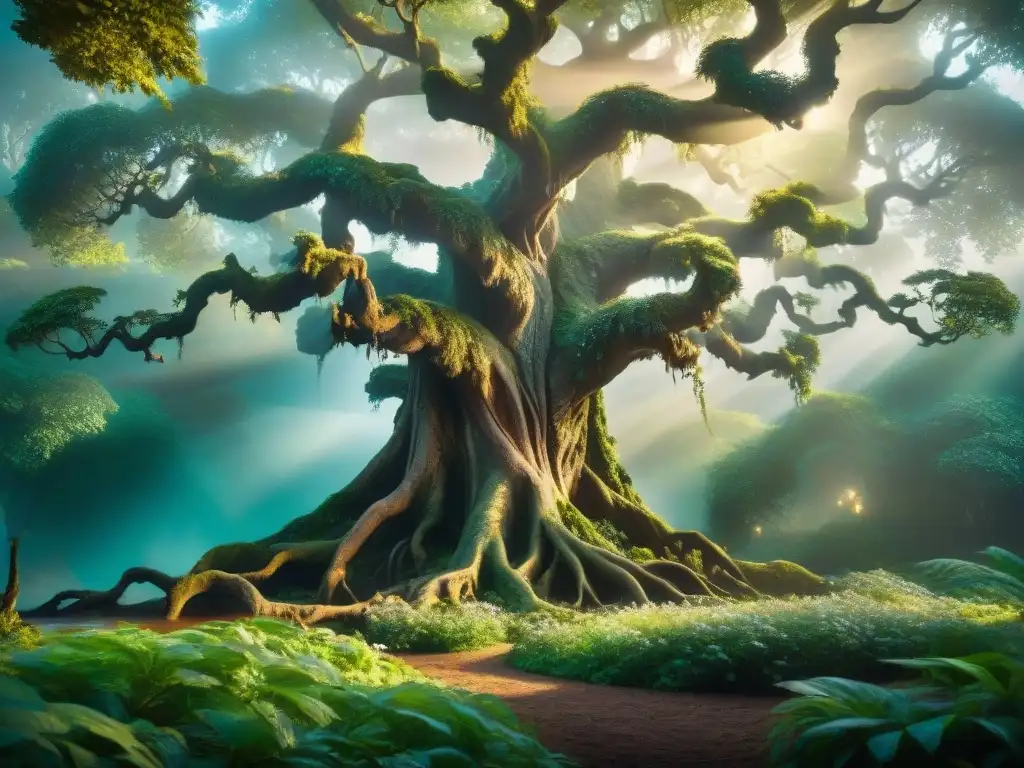 Árbol ancestral: la lucha entre luz y oscuridad Un árbol majestuoso en un bosque místico, reflejando la dualidad entre el bien y el mal de los cuentos de hadas