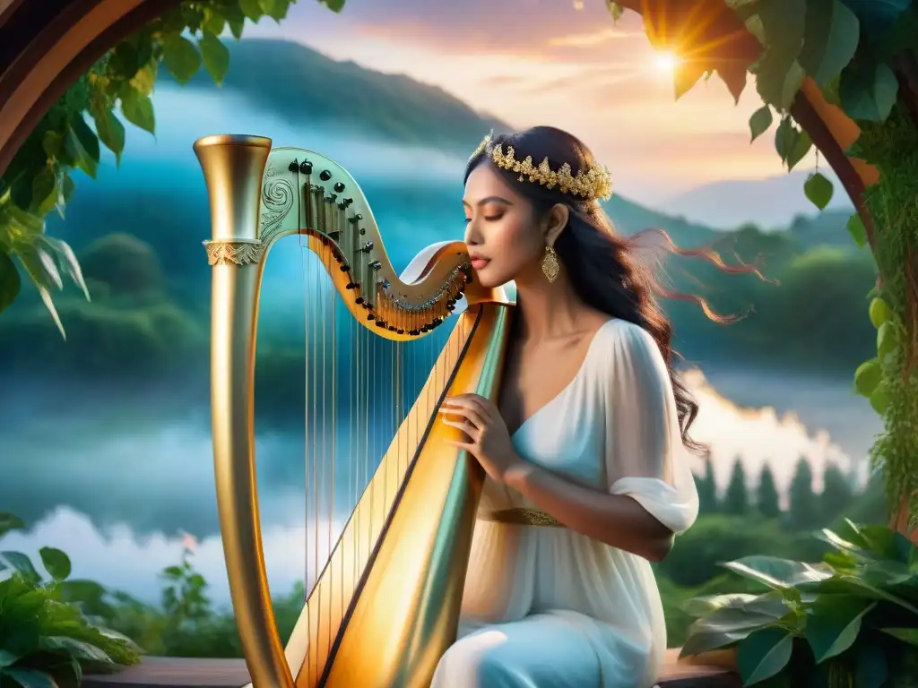 Arpa celestial uniendo culturas en armonía Un arpa de David música divina: seres diversos se unen en armonía alrededor de un arpa celestial plateada, irradiando luz dorada