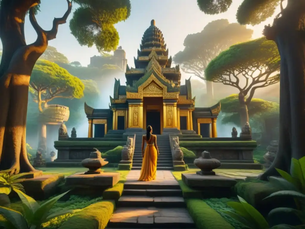 Templo místico: esculturas ancestrales en bosque encantado Arte revive dioses antiguos: templo majestuoso en bosque místico con estatuas talladas, energía mágica y atmósfera de reverencia