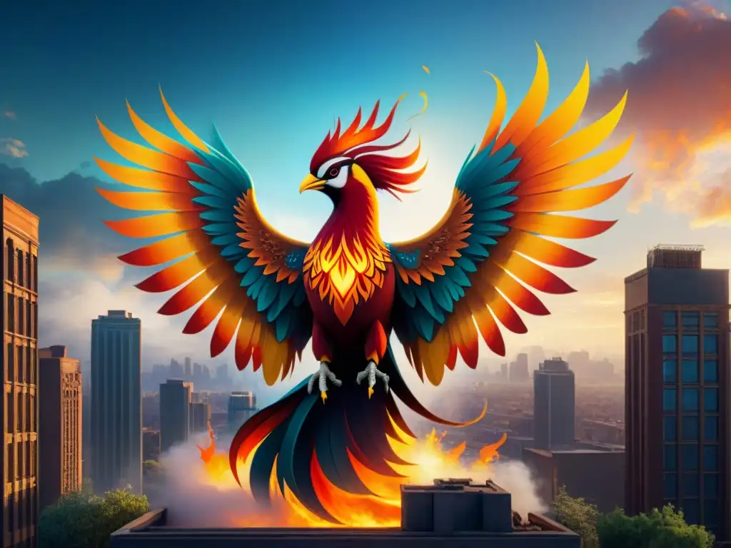 Arte urbano inspirado en Fénix: majestuoso ave resurge de las cenizas en vibrantes colores sobre un paisaje urbano de grafitis y decadencia