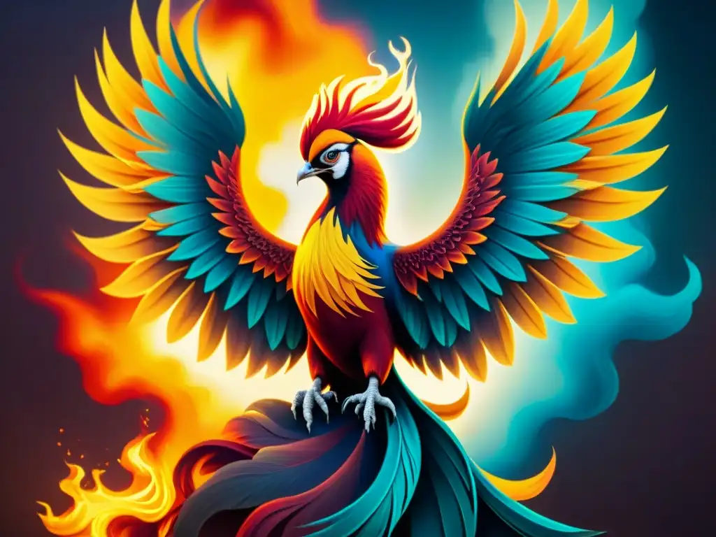 Arte urbano inspirado en Fénix: majestuoso mural urbano del Fénix emergiendo de llamas vibrantes