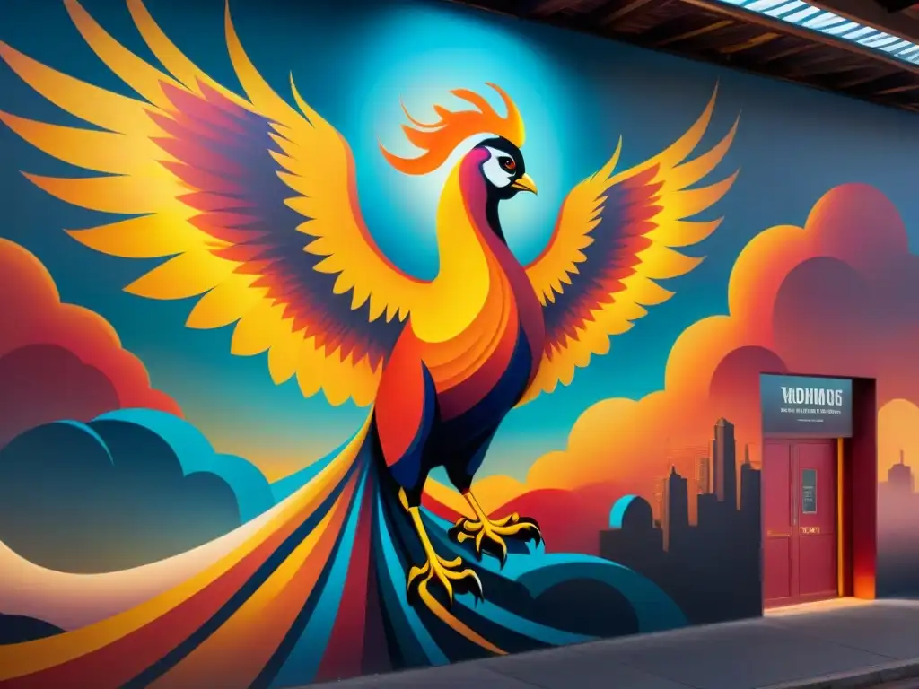 Un arte urbano inspirado en Fénix cobra vida con murales vibrantes y detallados, donde el ave majestuosa se eleva en un resplandor mágico al atardecer