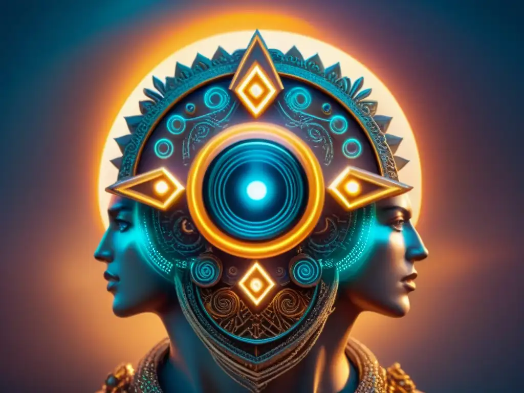 Un artefacto legendario en era digital, emitiendo energía mística entre símbolos y redes sociales conectadas