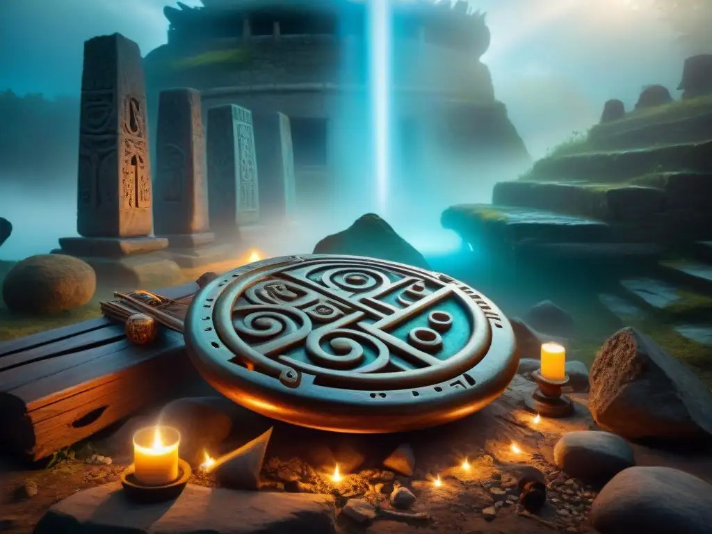 Un artefacto musical arqueológico sobrenatural rodeado de músicos fantasmales en ruinas antiguas