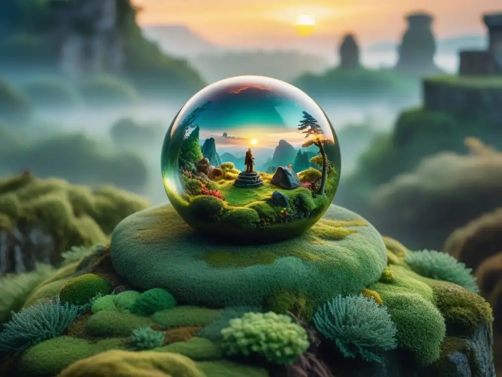 Artefactos legendarios en era digital: un orbe brillante en un bosque místico al anochecer, rodeado de ruinas antiguas cubiertas de musgo vibrante y custodiado por criaturas míticas como dragones y unicornios