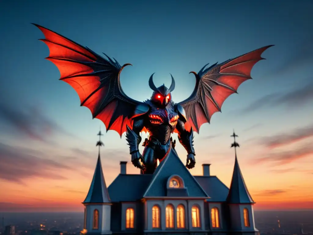 Mothman: criatura misteriosa en el crepúsculo Avistamiento real del Mothman en edificio gótico al atardecer