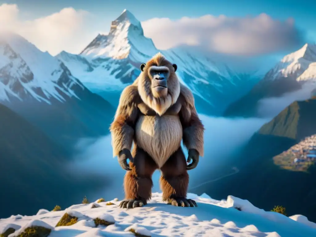 Majestuoso Yeti en los picos nevados del Himalaya Avistamientos de criaturas legendarias reales: Yeti majestuoso entre picos nevados del Himalaya, ojos misteriosos, pelaje brillante