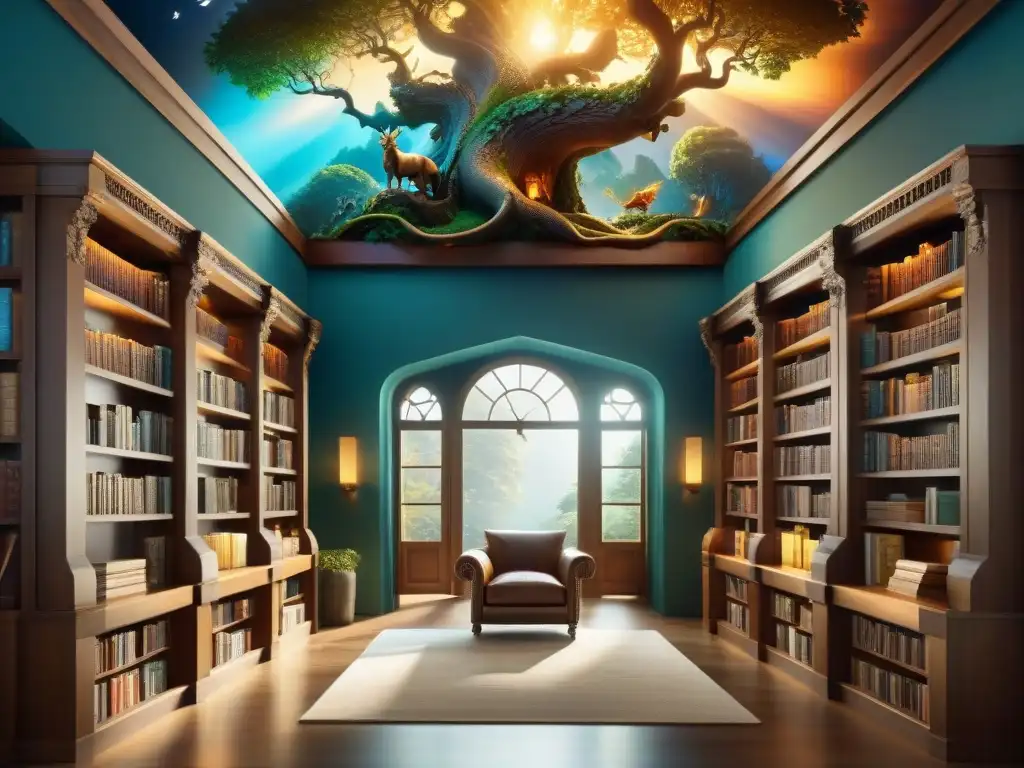 Biblioteca mágica en el bosque encantado: detalle excepcional Una biblioteca mágica en el bosque con seres míticos fomentan lectura jóvenes