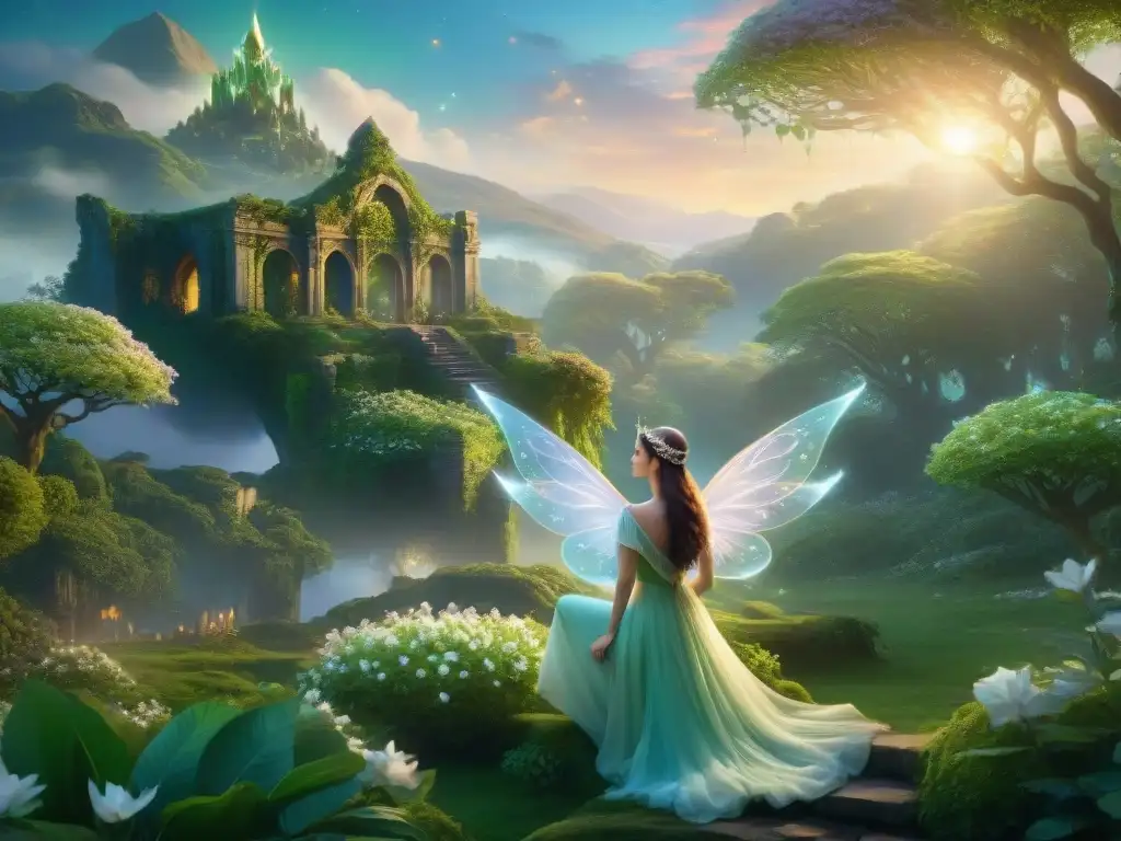 Bosque encantado: elfos, unicornios y magia Un bosque encantado donde elfos danzan con un unicornio