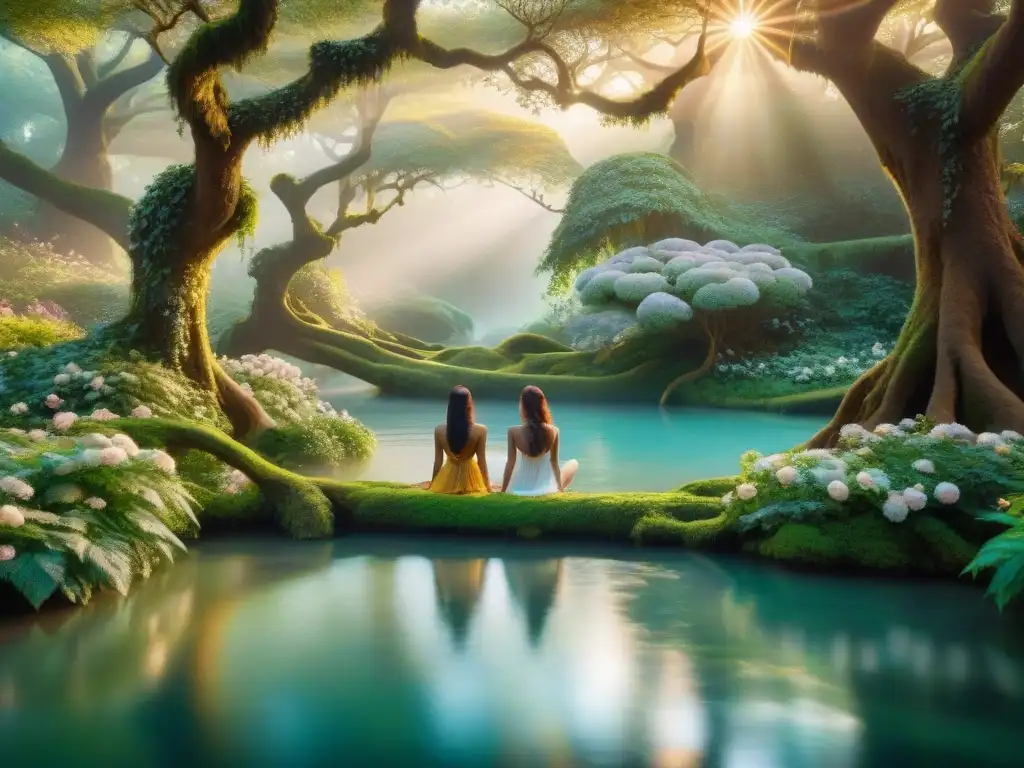 Un bosque encantado donde ninfas mitológicas flotan con gracia, adornadas con armaduras brillantes y cabello floral
