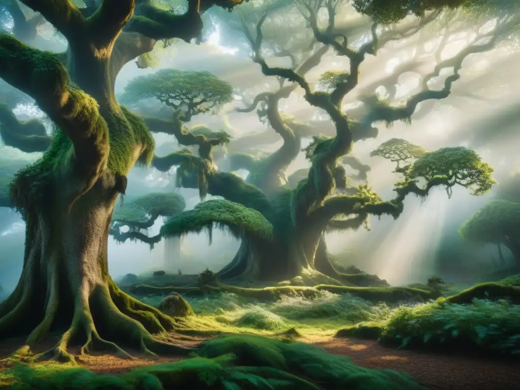 Bosque mágico: portal de luz y criaturas mitológicas Un bosque encantado con un portal a otro mundo, donde criaturas míticas y árboles antiguos se entrelazan en una danza mágica
