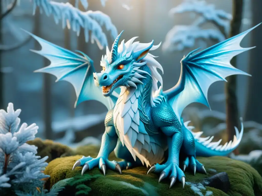 Trío mágico de criaturas míticas en un bosque helado Un bosque encantado con seres míticos en cambio climático: un dragón de hielo, un unicornio helado y un fénix con llamas azules heladas