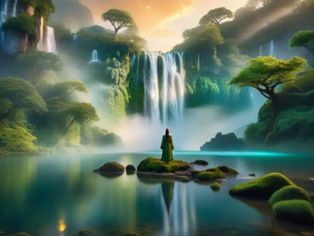 Baile élfico bajo la luz de las luciérnagas en bosque místico Bosque etéreo al anochecer, con elfos luminosos bailando junto a una cascada mágica