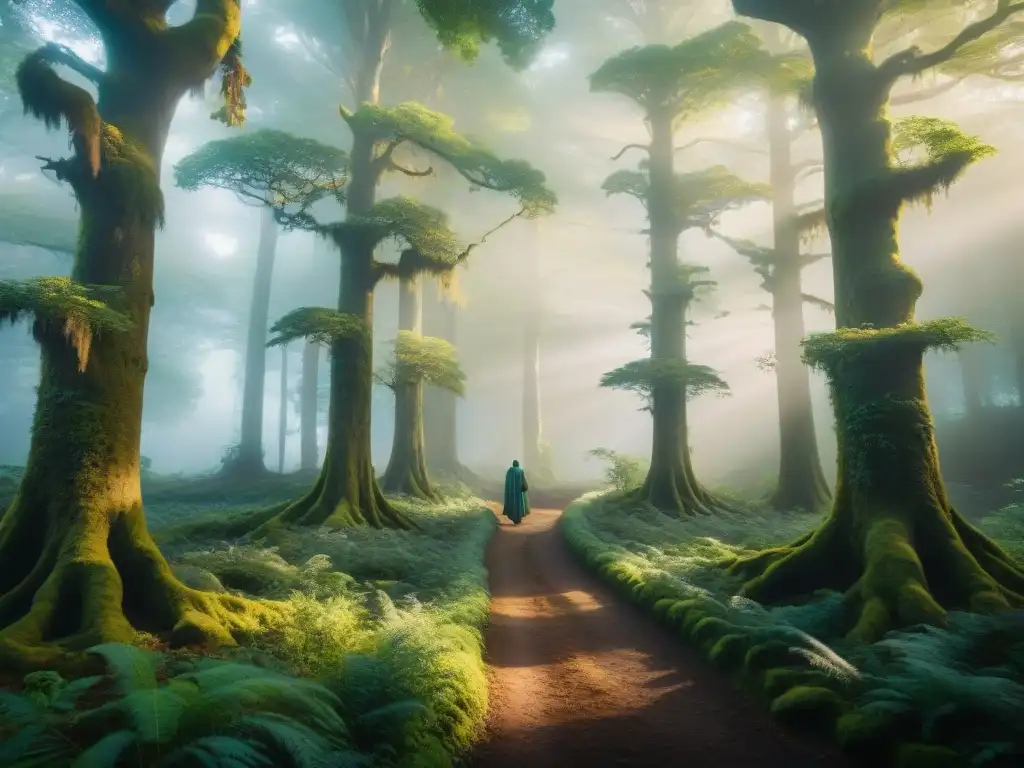 Sendero místico: bosque antiguo y figuras en procesión Un bosque majestuoso y antiguo envuelto en neblina, árboles imponentes con raíces retorcidas, ramas hacia el cielo