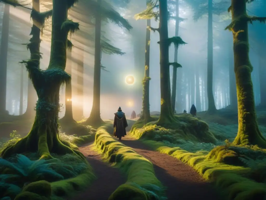 Bosque ancestral: magia y misterio en la neblina Un bosque majestuoso y antiguo envuelto en neblina donde antiguos hechiceros peregrinan por un camino místico