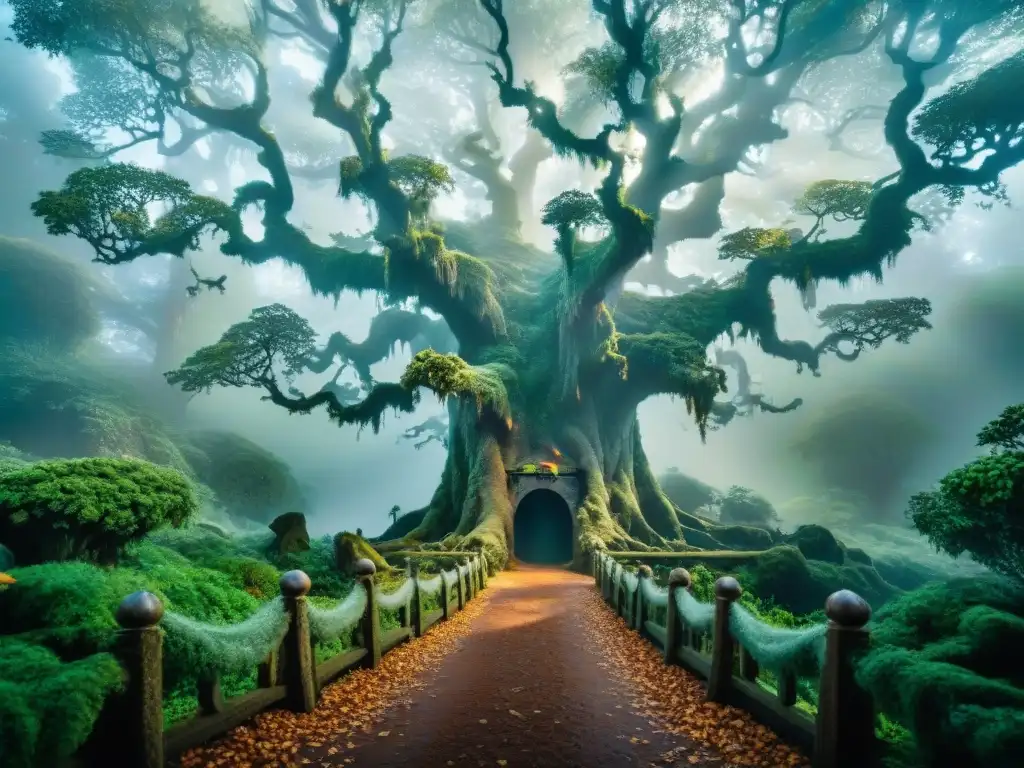 Bosque místico: portal brillante y seres etéreos Un bosque misterioso y brumoso con un portal radiante a otro mundo, rodeado de seres etéreos y energía girando