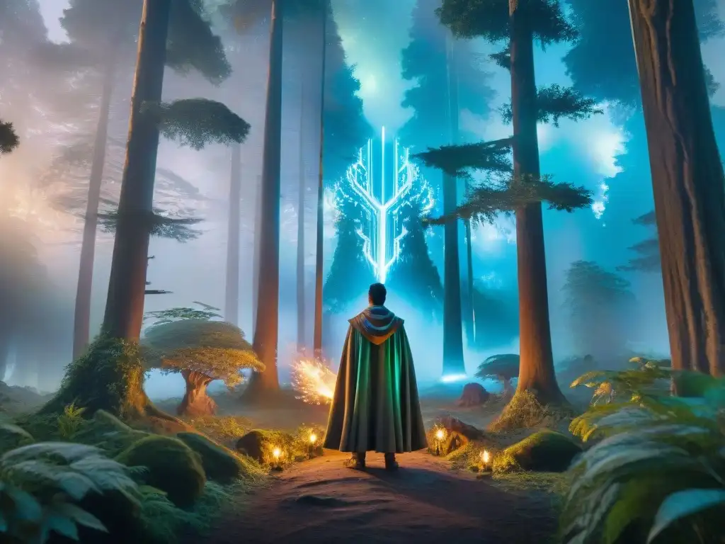 Merlín moderno conjura hologramas en bosque místico al anochecer Un bosque místico antiguo al atardecer con árboles enormes envueltos en niebla y luciérnagas iluminando la escena