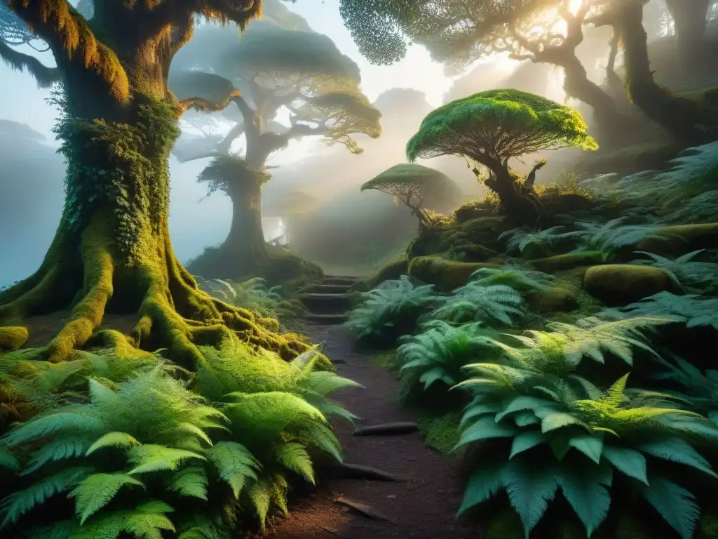 Bosque místico: sendero de luz y magia entre árboles ancestrales Un bosque místico al atardecer, con árboles antiguos brillando y un camino iluminado por magia
