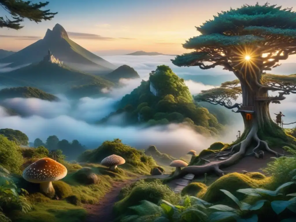 Un bosque místico al atardecer, con seres fantásticos reunidos alrededor de un portal brillante