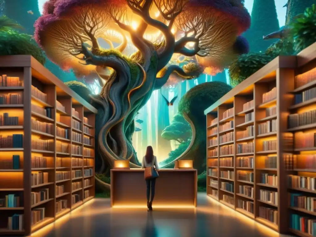 Librería mágica en bosque encantado: libros y seres místicos Un bosque místico alberga una biblioteca majestuosa donde seres míticos fomentan lectura jóvenes