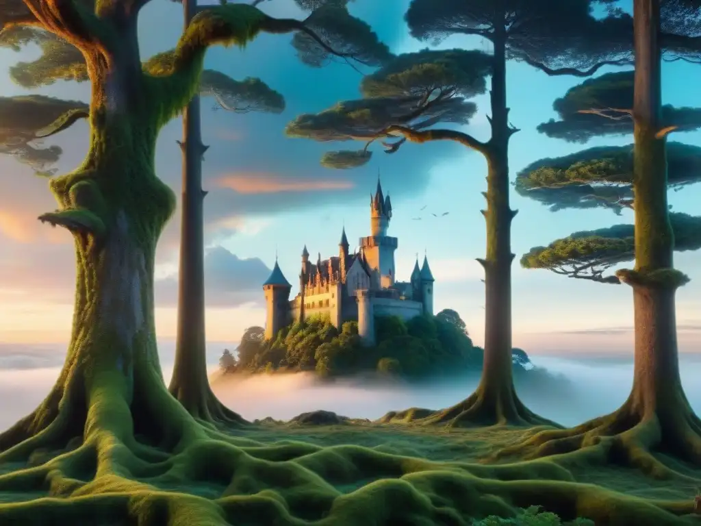 Un bosque místico al anochecer con criaturas etéreas y un castillo majestuoso