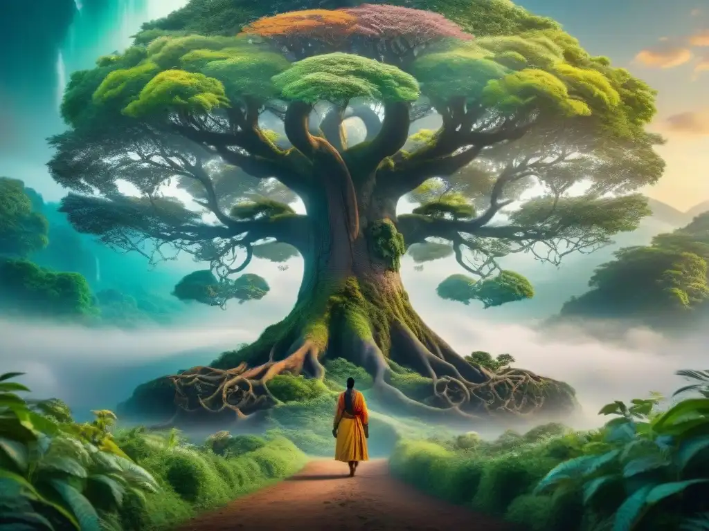 Bosque místico: árbol majestuoso conectando seres vivos en armonía Un bosque místico y exuberante donde seres vivos se conectan en armonía, reflejando enseñanzas indígenas sobre interconexión