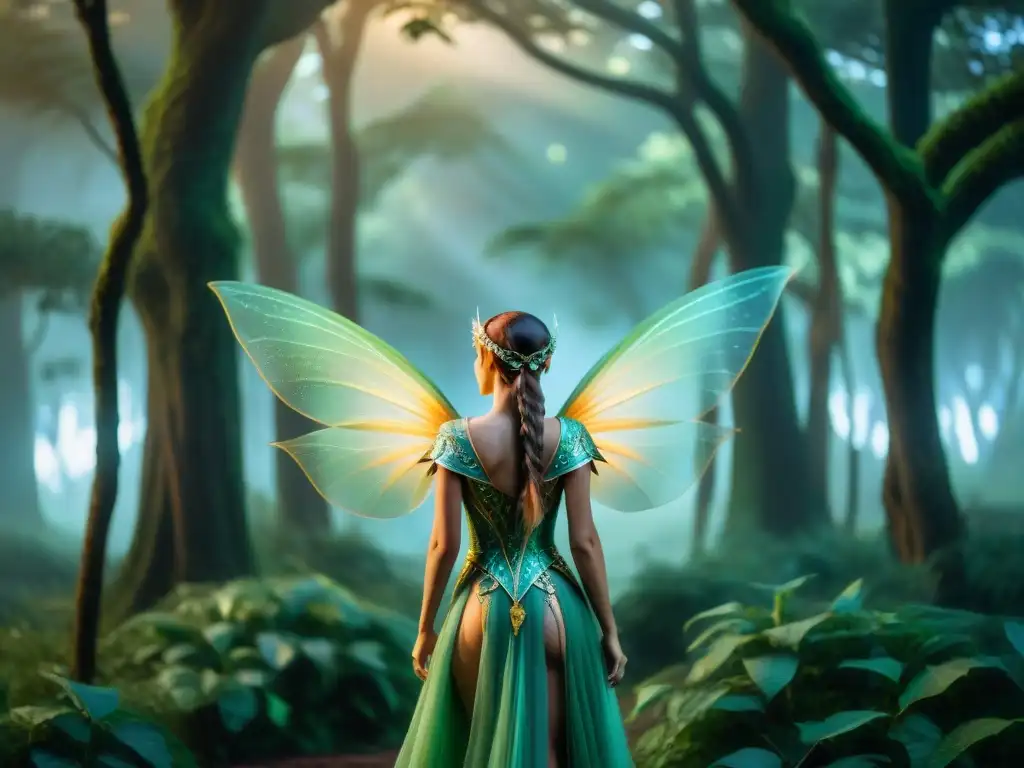 Bosque encantado: danza mística de elfos bajo la luna Un bosque místico iluminado por la luna, donde elegantes elfos danzan bajo antiguos árboles