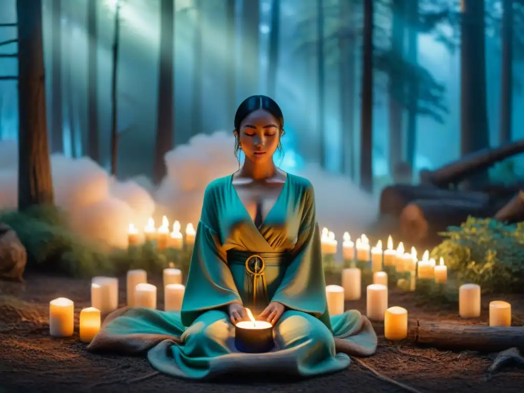 Escena mística: figura serena en bosque iluminado por velas de intención Un bosque místico iluminado por velas de intención para paz, rodeado de seres de luz