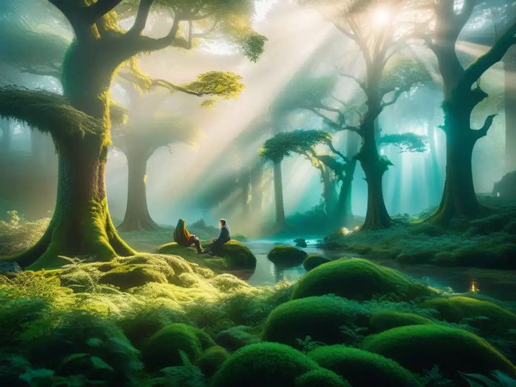 Bosque místico: unicorns, dragones y hadas en un mundo de fantasía Un bosque místico lleno de criaturas mágicas como unicornios, dragones y hadas, bañado en una luz etérea