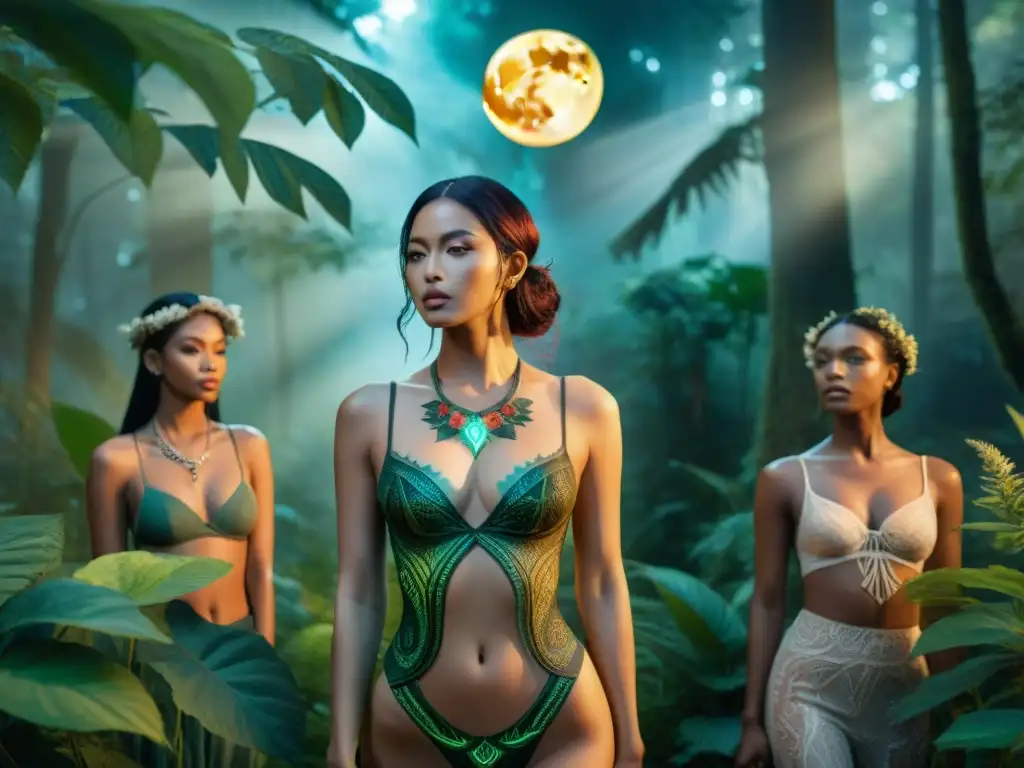 Un bosque místico lleno de ninfas etéreas con tatuajes brillantes, bajo la luz de la luna