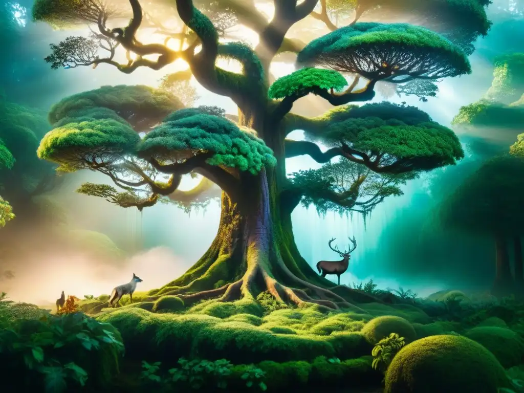 Bosque místico: árbol iridiscente y seres etéreos Un bosque místico, lleno de vida y colores, donde seres mágicos se conectan en armonía