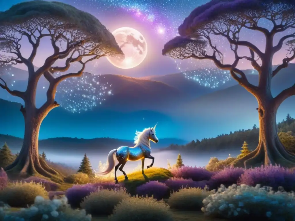 Fantástico bosque místico: unicornio de opalos y luces Un bosque místico al anochecer con un majestuoso unicornio de cuerno de ópalo rodeado de objetos mágicos