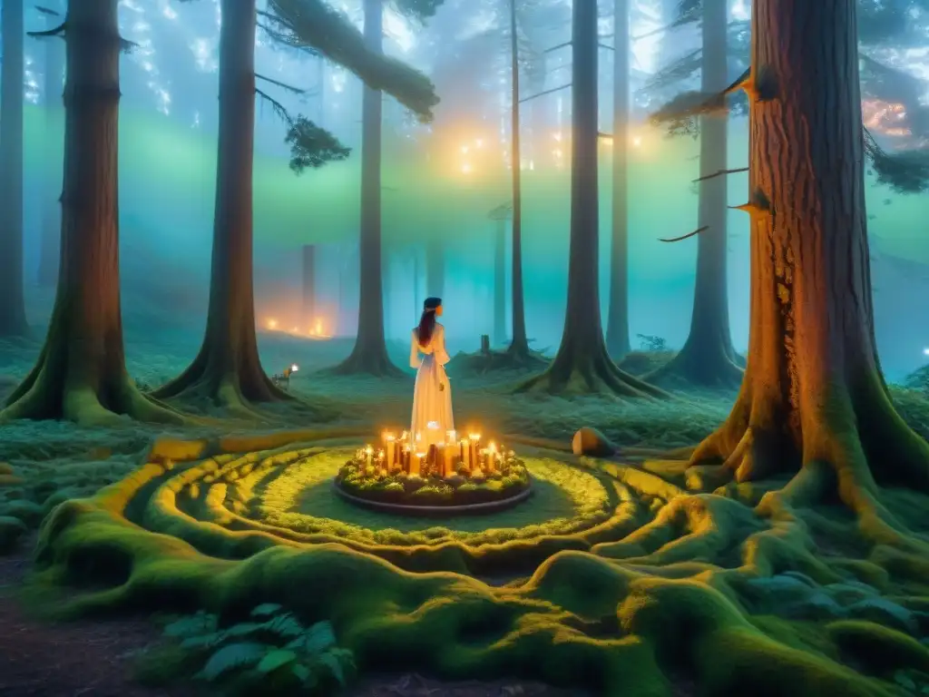 Bosque místico: seres etéreos encienden velas con símbolos Un bosque místico al anochecer, seres con auras brillantes encienden velas de intención para paz