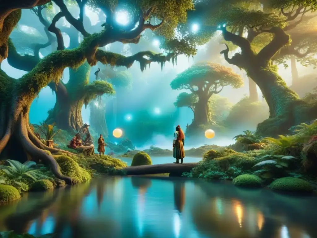 En un bosque místico, seres fantásticos se reúnen alrededor de un cuentacuentos etéreo