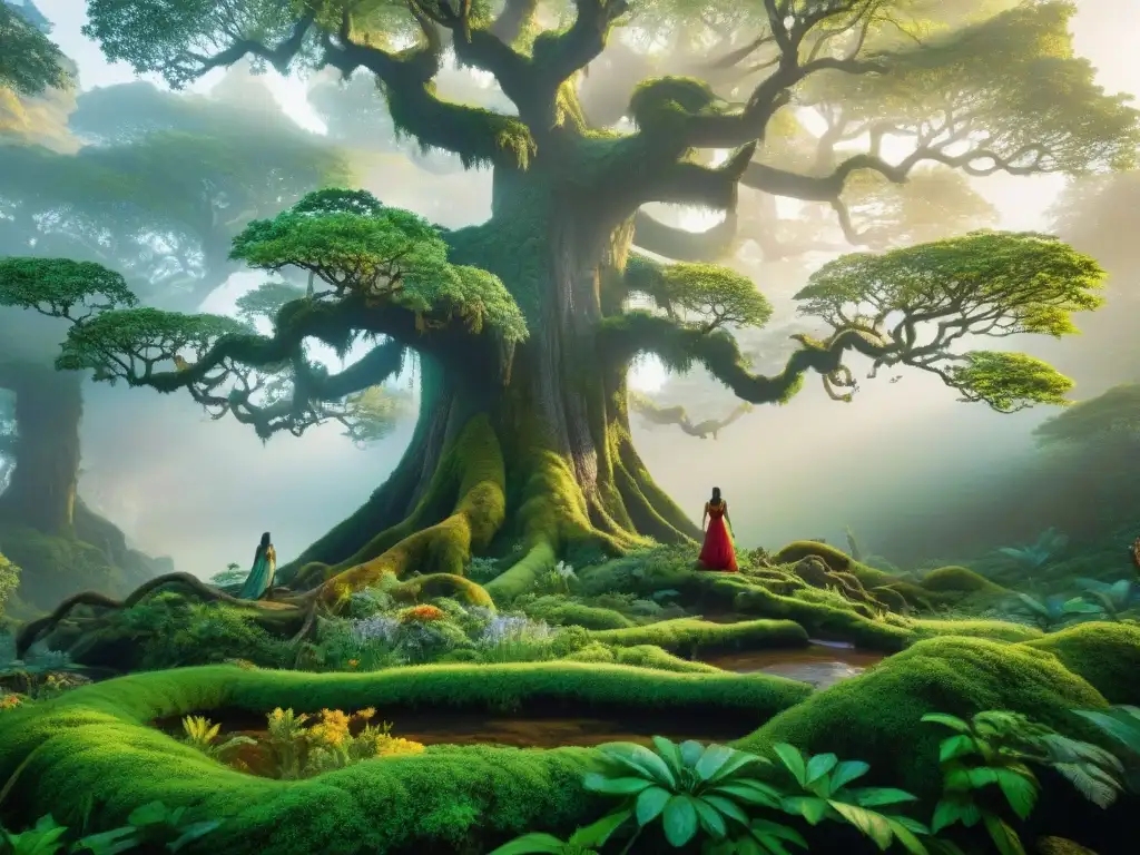 Bosque místico: árbol majestuoso y seres mágicos Un bosque místico y vibrante donde seres vivos se entrelazan, transmitiendo enseñanzas indígenas de interconexión