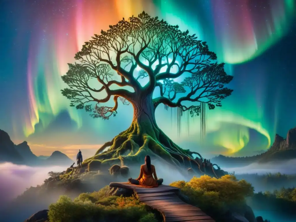 Árbol sagrado: un bosque mítico de colores vibrantes y culturas indígenas Un bosque mítico donde convergen culturas indígenas, seres vivos interconectados y enseñanzas ancestrales