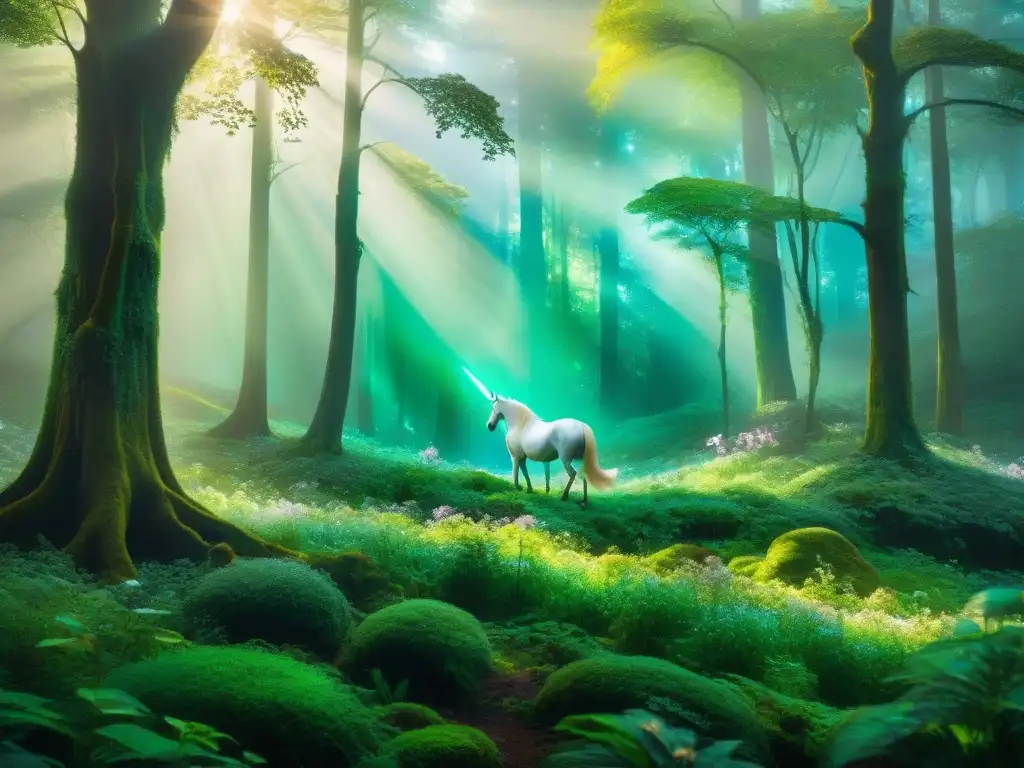 Cuadro mágico: bosque mítico con unicornio y hada Un bosque mítico lleno de criaturas vibrantes y mágicas