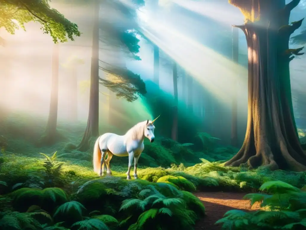 Un bosque mítico lleno de vida, donde un majestuoso unicornio brilla con energía mágica