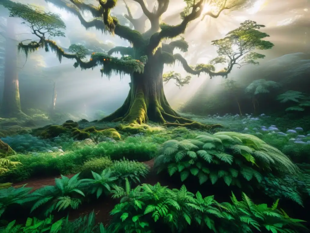 El Bosque Mítico: Espíritus Indígenas y Fauna en Armonía Un bosque mítico donde seres vivos se entrelazan en armonía, reflejando enseñanzas indígenas sobre la interconexión