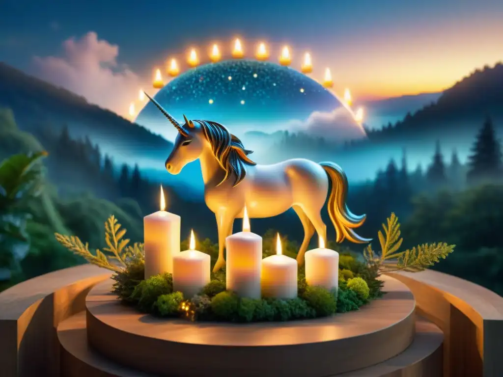 Escena mística: unicornio en bosque de velas por la paz Un bosque sereno iluminado por Velas de Intención para paz, con un unicornio majestuoso en el centro