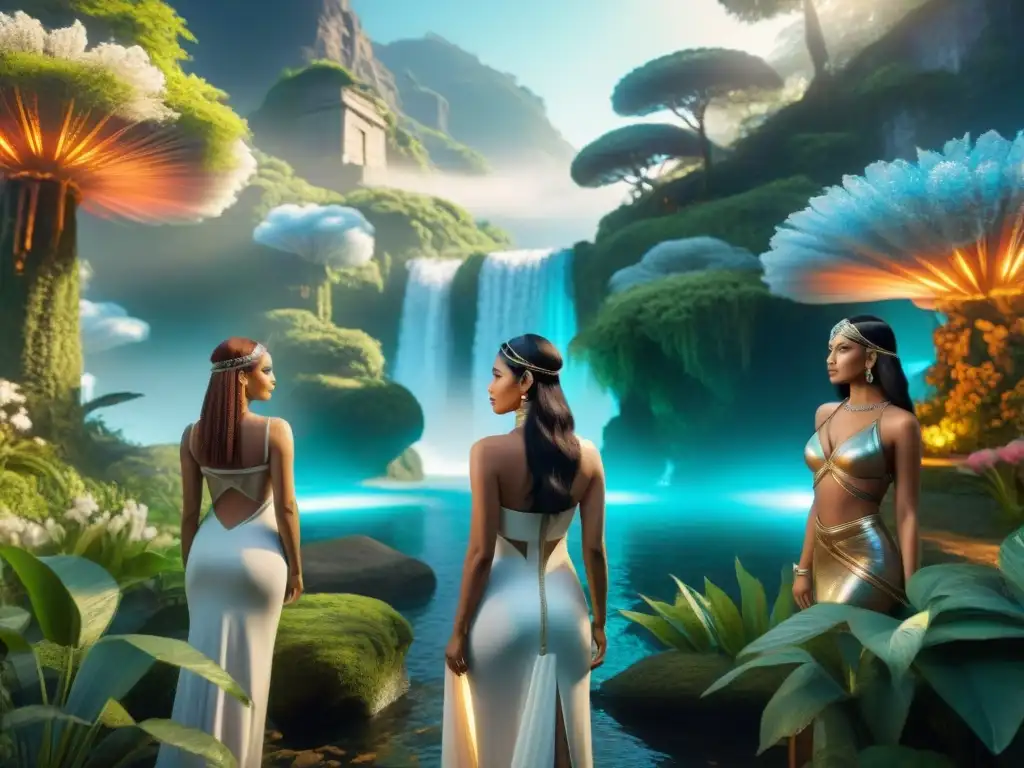 Un bosque virtual lleno de ninfas digitales inspiradas en mitologías griega, nórdica y egipcia, interactuando con elementos de videojuegos futuristas
